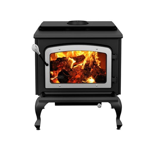Drolet Escape 1800 Wood Stove On Legs With Brushed Nickel Door